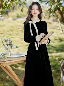 Retro Hepburn Style Velvet Dress French Rich Girl Sensation Autumn Winter New Arrival Slimming High Waist A-Line Skirt Dress