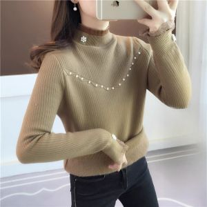 WANGGONGZHU | Thickened Half High Collar Lace Knitted Sweater Womens Autumn Winter Fashion Pearl Embellished Base Shirt Princess Style