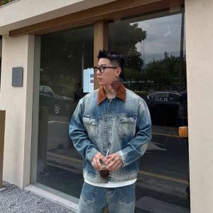 แจ็คเก็ตยีนส์ทรงหลวมไซส์ใหญ่สำหรับผู้ชาย ทรงอเมริกัน สไตล์ลำลอง เสื้อแจ็คเก็ตยีนส์ผู้ชาย ฤดูใบไม้ผลิและฤดูใบไม้ร่วง