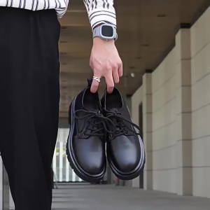 Men Black leather lace-up shoes with thick soles. Casual wear for daily use Black leather shoes school shoes