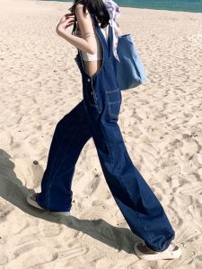 Deep Blue Denim Overalls Womens Spring Autumn American Retro Style Wide Leg Cargo Pants Natural Waist Zipper Closure Jeans