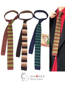 Black Knitted Tie with Window Pattern Retro British Style College Style Decorative All-Match Flat Head Type Stripe Pattern