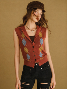BANANA CICI | Retro Contrast Color Sleeveless Hooded Knitted Sweater