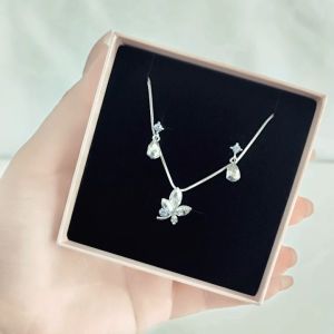 SO SEOUL Ioni Maple Leaf Blue Shade and Pink Swarovski® Crystal Earrings with Necklace Jewelry Gift Set