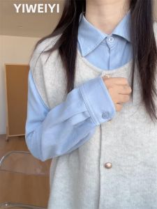 YIWEIYI | Áo Vest Len Phong Cách Hàn Quốc Đa Lớp Cho Nữ Áo Khoác Mùa Đông Rộng Rãi