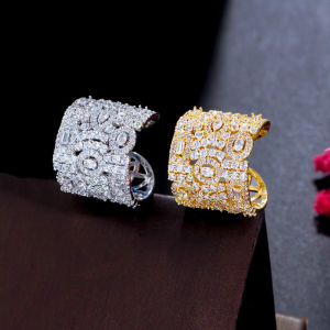 SEQUITO Luxury Yellow Gold Silver Plated Women Wedding Finger Jewelry Full Paved Sparkly white AAA Zirconia Crystal Hollow Out Open Cuff Adjustable Wide Ring for Engagement SR081