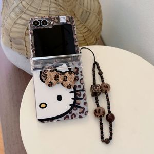 Sanrio | Cute Cartoon 3D Sanrio Leopard Print Hello Kitty Case for Samsung Galaxy Z Flip 8 7 6 5 Arcylic Hinge Protect Cover with Lanyard