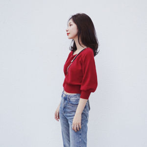 Chic Wine Red V-Neck Lantern Sleeve Knitted Top Short Length Seven Sleeve Long Sleeve Warmth Emitting Cotton Blend Fleece Womens Sweater