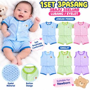 1SET 3PASANG 0-12month BABY EYELET/LUBANG SUIT