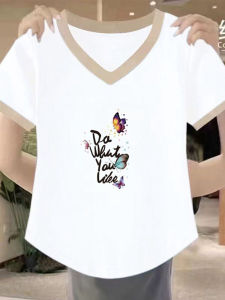 Slimming Short Sleeve V-Neck T-Shirt Womens Summer Arc Bottom Basic Match All Colors Beige Belly Covering Top Korean Style