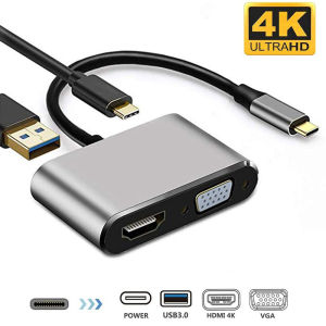 【24H】4 IN 1 HUB USB C To HDMI 4K VGA Adapter USB 3.0 Type C USB-C to VGA HDMI Video Adapter Converter USB To VGA Adapter PD Fast Charging Adapter Converter