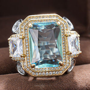 Huitan Octagon Shaped Women Two Tone Ring Inlaid Bright Blue CZ Gorgeous Accessories for Party Wedding Exquisite Trendy Jewelry