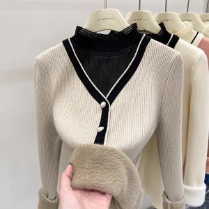WANGGONGZHU | Thickened Half High Collar Mesh Base Shirt Womens Autumn Winter Inner Wear Fleece Lined Integrated Velvet Sweater Female