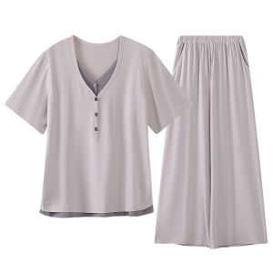 miiow | Cat Lady Modal Cotton Sleepwear Womens Thin Home Clothes Set Summer Casual Long Pants Short Sleeve V-neck Solid Color