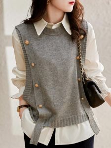 ผู้หญิง เสื้อกั๊กถัก หลวม Fit แขนกุด แจ๊กเก็ต ทันสมัย ปุ่มขึ้น ดีไซน์ ฤดูใบไม้ผลิ ฤดูใบไม้ร่วง คอกลมต่ํา เสื้อสเวตเตอร์ เสื้อแจ็คเก็ต