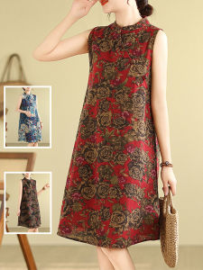 Chinese Modified Qipao Cotton and Linen Dress Loose Side-buttoned Midi Sleeveless