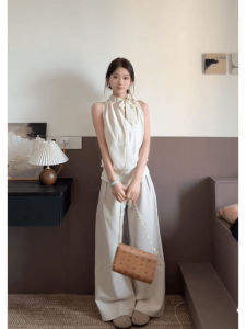 Loose Casual Pants Womens Summer Fashionable Wide Leg Floor-Length Trousers Pleated Apricot Color Japanese Style Loose Fit