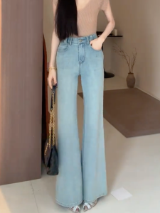 MANMI | Quần Jeans Đùi Cao Ống Rộng Màu Xanh Thời Trang Đa Năng Ôm Sát Phong Cách Thường Ngày