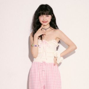 Strawberry Mousse Butterfly Knot Drawstring Tube Top Womens Slim Fit Shoulder Baring Summer Shirt Original Design Casual Wear