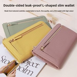 Pure Cowhide Long Wallet for Women with Large Capacity Zipper Mobile Phone Slot Anti-Magnetic Thin Money Clip