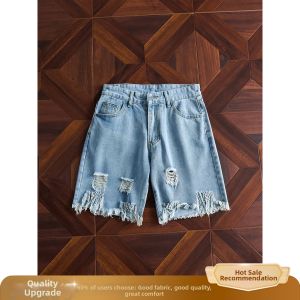 ZHUOCAN | Ripped Frayed Light Denim Shorts Loose Five Divided Pants