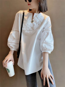 Elegant French Style Embroidered Hollow out Lantern Sleeve Shirt Womens Cotton Bubble Sleeve Blouse Summer 2024 Fashion