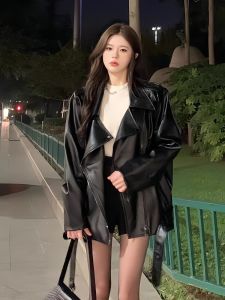 Black PU Leather Jacket Womens Biker Short Coat American Retro High Design Spring Autumn New Style Street Fashion Loose Fit