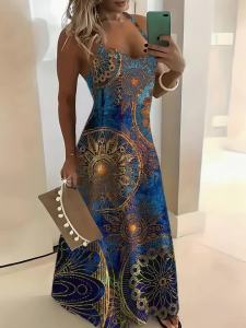 Bohemian-inspired maxi dress featuring a vibrant blue-and-gold totem print. Halter-neck sleeveless cut with a slim fit and flow