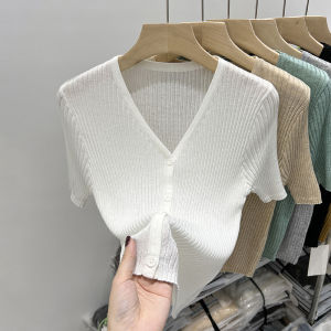 Spring V-Neck Knitted Blouse Ice Silk