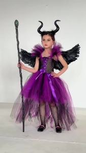 Girls Dark Angel Evil Queen Costume Set Purple Black Tulle Dress With Feather Wings Horn Headband For Halloween Carnival