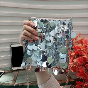 Silver Sequin Tassel Crossbody Bag Chic Retro Travel Photography Womens Handbag Multi-Color Nylon Fabric Zipper Closure Soft Envelope Shape