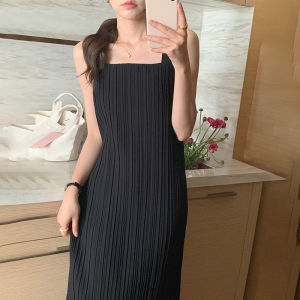 Korean Summer Minimalist Small Square Neck Loose Textured Sleeveless Strap Dress