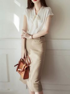 Summer Fashion Womens Suit Set Ol Commuting Lightweight Casual High Waist Button-up Short Sleeve Midi Dress Two-piece Set