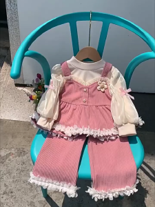 XBABY Setelan Anak Perempuan Lengan Panjang Gaya Korea 2in1 Atasan Katun Beludru Celana Panjang Usia 1-6 Tahun