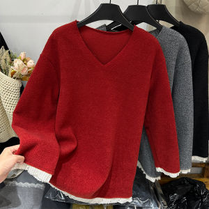 Korean Style Red Christmas New Year V-neck Lace Splicing Soft Thickened Cashmere Sweatshirt Womens Autumn Winter Lazy Style Top