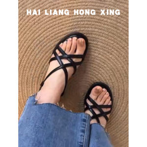 Goatskin Version ~ Chunky Heel Sandals Womens Summer Outwear Thick Sole French Retro Roman Cross Strap Shit Feeling High Heels