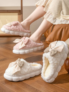 Butterfly Knot Cotton Slippers Womens Indoor Home Warmth Winter Fleece Slippers Low Heel Flat Bottom PVC Outsole