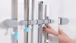 【VIDKHSY Store】Heavy Duty Wall Mount Mop Broom Holder | Multifunction Mop Organizer Grip Clips Storage Rack With Hooks for Bathroom & Kitchen Organization
