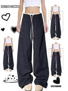American Retro Patchwork Double Waist Stripes Casual Pants for Women Early Autumn Fake Two-Piece Loose Straight-leg Wide-Leg Suit Pants Trendy