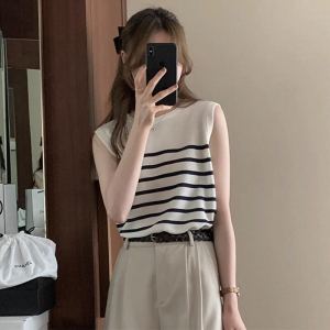 Ice Silk Stripes Knitting Vest Womens Summer Inner Wear Base Sling French Chic Sleeveless Small Waistcoat Tops Outerwear