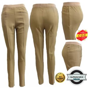 celana wanita pinggang karet berbahan street polyester polos dengan dua saku kanan dan kiri ukuran dari SS - 5L