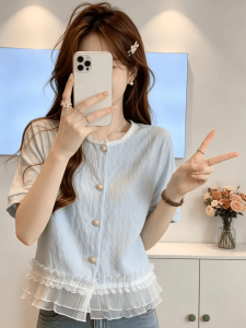 Shalldoer | French Retro Lace Patchwork Blue Short Sleeve Slimming Women Shirt