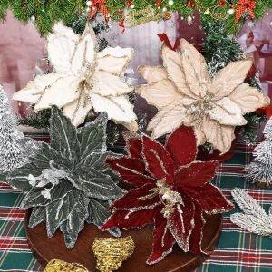 4Pcs 22*/26cm Christmas Artificial Poinsettia Flower Red Glitter Flowers Simulation Magnolia Xmas Tree Wreaths Wedding Party Decoration