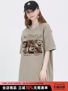 เสื้อยืดแขนสั้นพิมพ์ลายผีเสื้อสำหรับผู้หญิงเสื้อพิมพ์ลายทรงหลวมสำหรับฤดูร้อนเสื้อยืดแขนสั้นเปิดไหล่ออกแบบพิเศษใส่แล้วดูผอมเพรียวออกแบบเอง