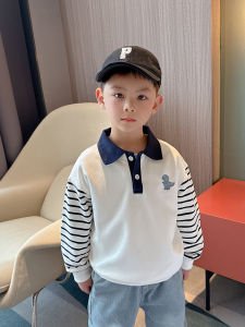 Autumn Wear Long Sleeve Polo Shirt for Boys Pure Cotton Collared Patchwork Sweatshirt Baby Boy Trendy Striped Pattern Spring Autumn