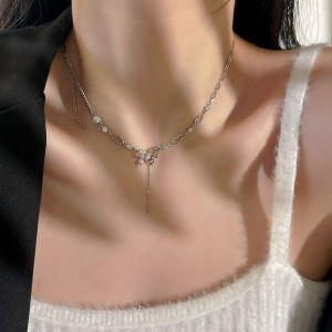 Sweet Fresh Silver Pearl Tassel Necklace Atmosphere Sense Clavicle Chain Butterfly Design Fashion Jewelry for Women