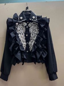 Elegant Heavy Embellished Bead Flower Shirt Korean Style Trendy Girl Single Buttoned Top Ins Long Sleeve Polo Collar Regular Length