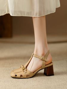 Summer High Heels Womens Roman Style Leather Sandals Open Toe Hollow out Design Square Head Fashionable Buckle Closure