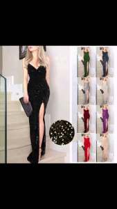 (Shipped from Manila + COD) S-2XL High-Quality Sequinned Bodycon Maxi Gown | Sleeveless Spaghetti Strap High Slit | Ideal for Ninang Wedding Guest Valentines Date Pageant Cocktail & Formal Evening | Multi-Color
