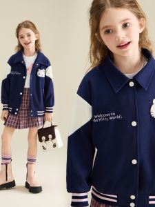 HelloKitty Girls Baseball Jacket Spring Autumn Cartoon Design Lightweight Polyester Fiber Casual Style Childrens Outerwear